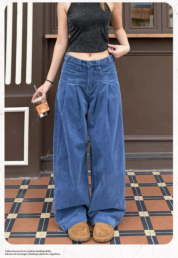 Blue Curdoroy Pleated Wide Leg Pants
