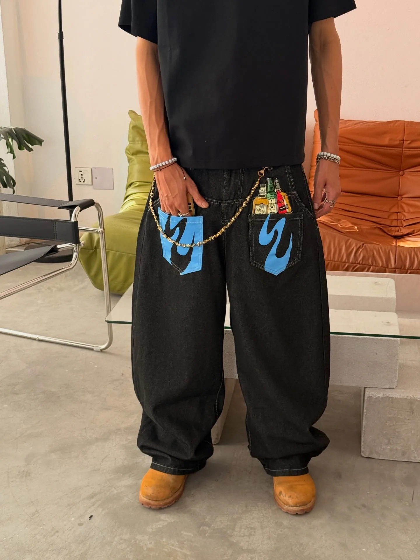 Front Printed Baggy Raw Denim