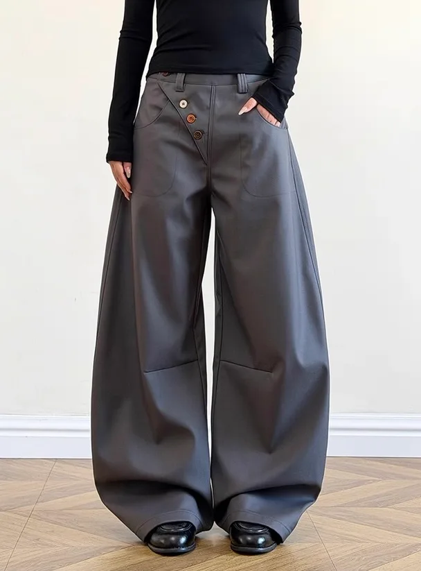 Diagnol Button Closure Balloon Pants
