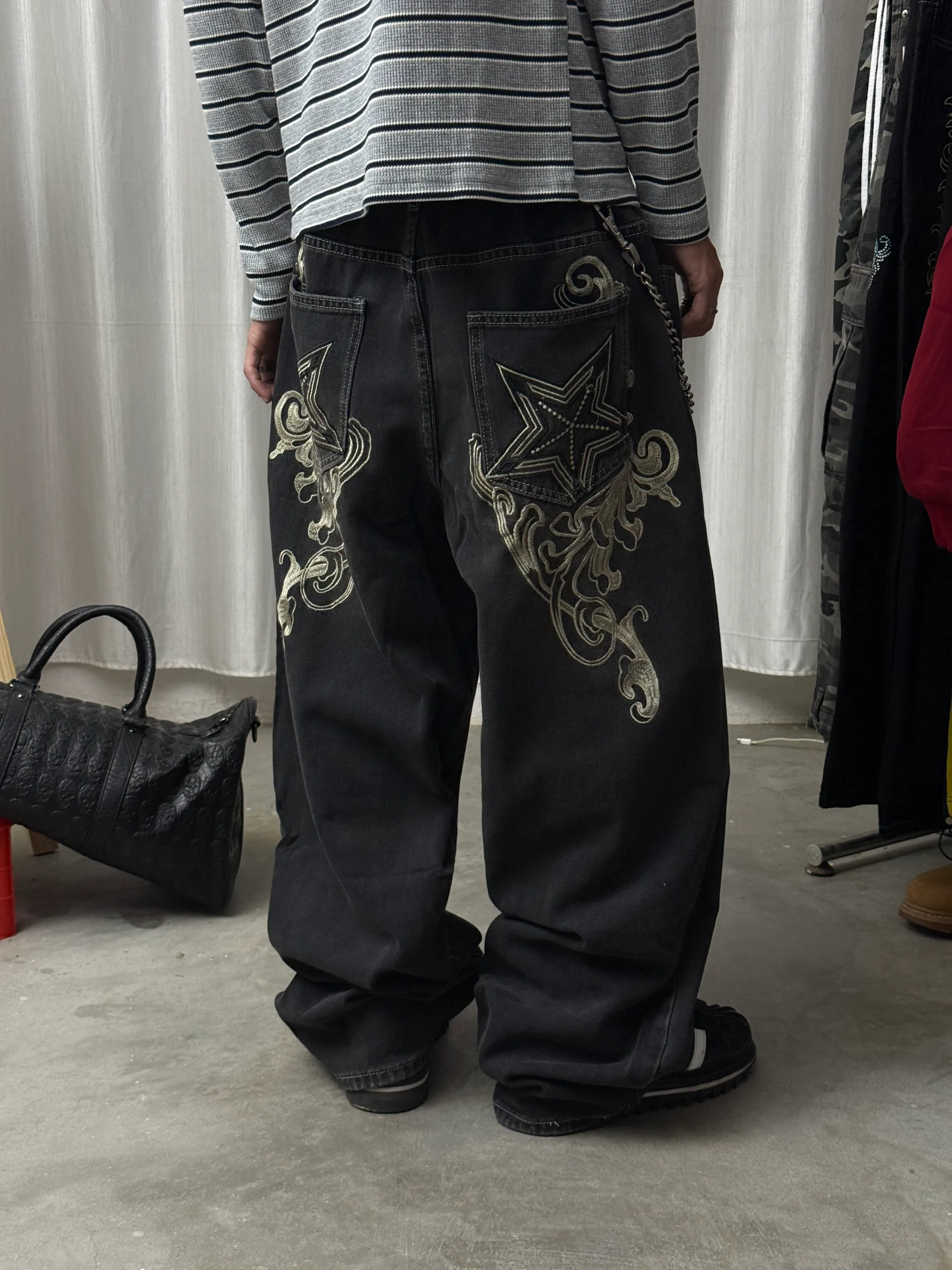 Heavy Embroidered Washed Wide Leg Baggy Jeans