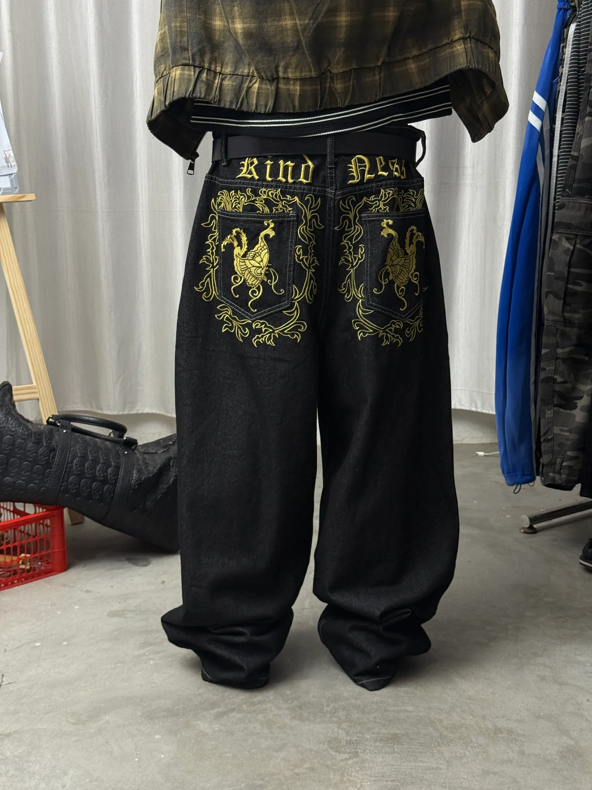 Yellow Embroidered Washed Wide Leg Baggy Jeans