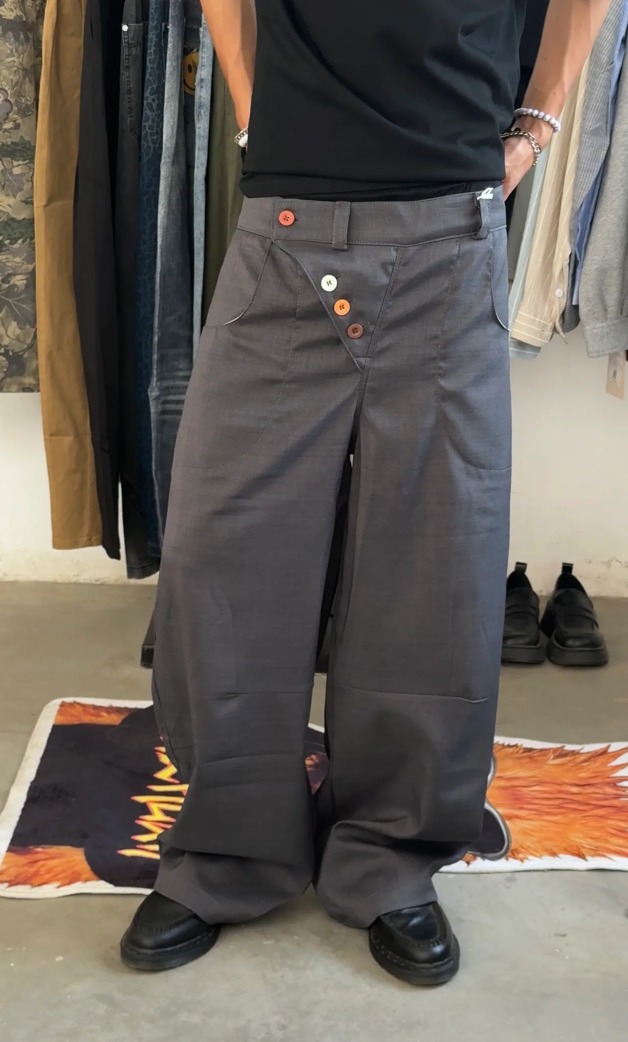 Diagnol Button Closure Balloon Pants