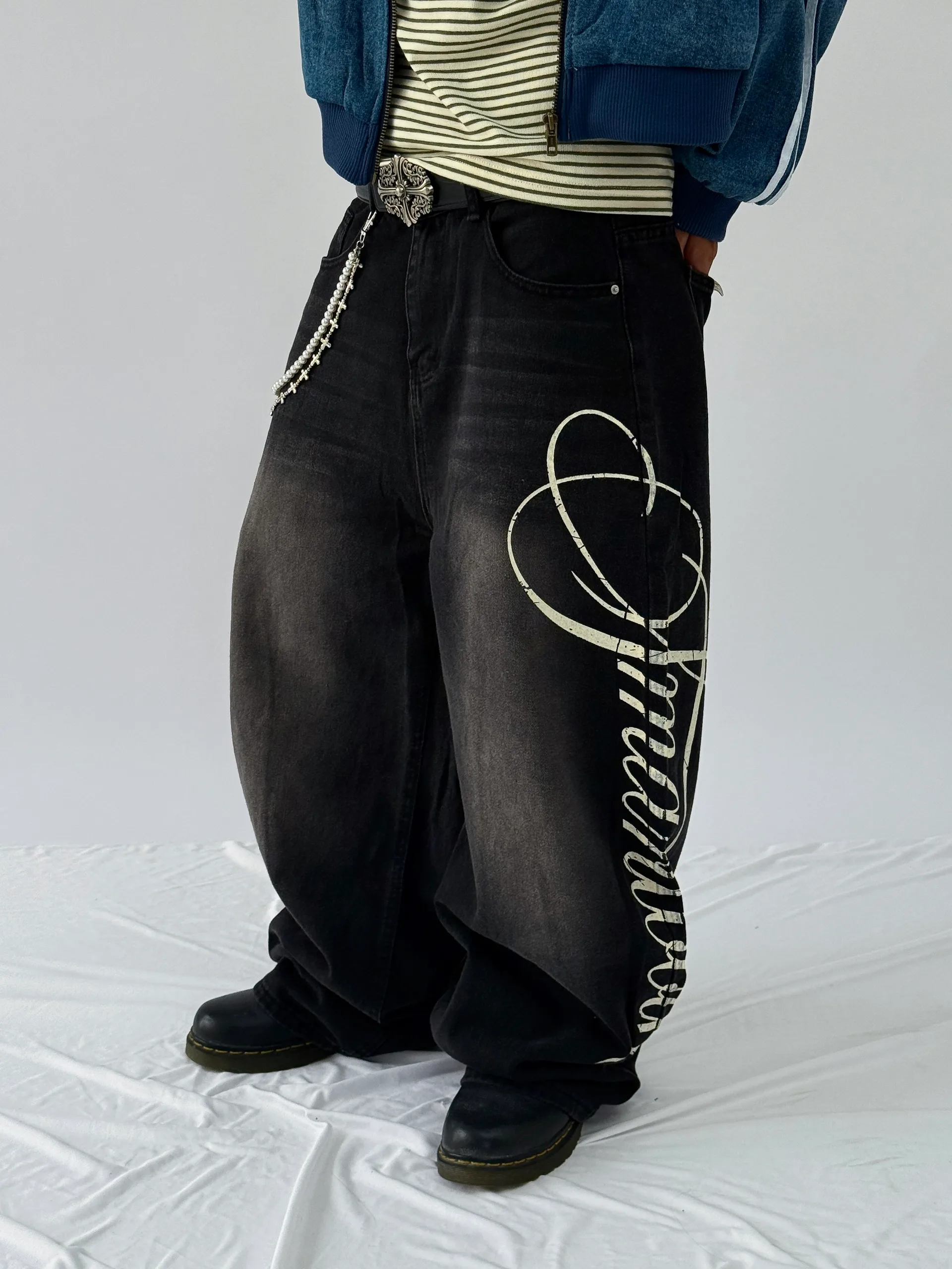 Washed Side Print Washed Baggy Pants