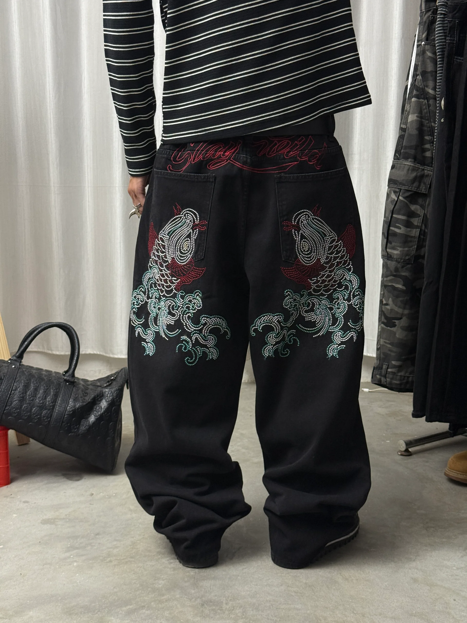 Koi Fish Embroidered Washed Wide Leg Baggy Jeans