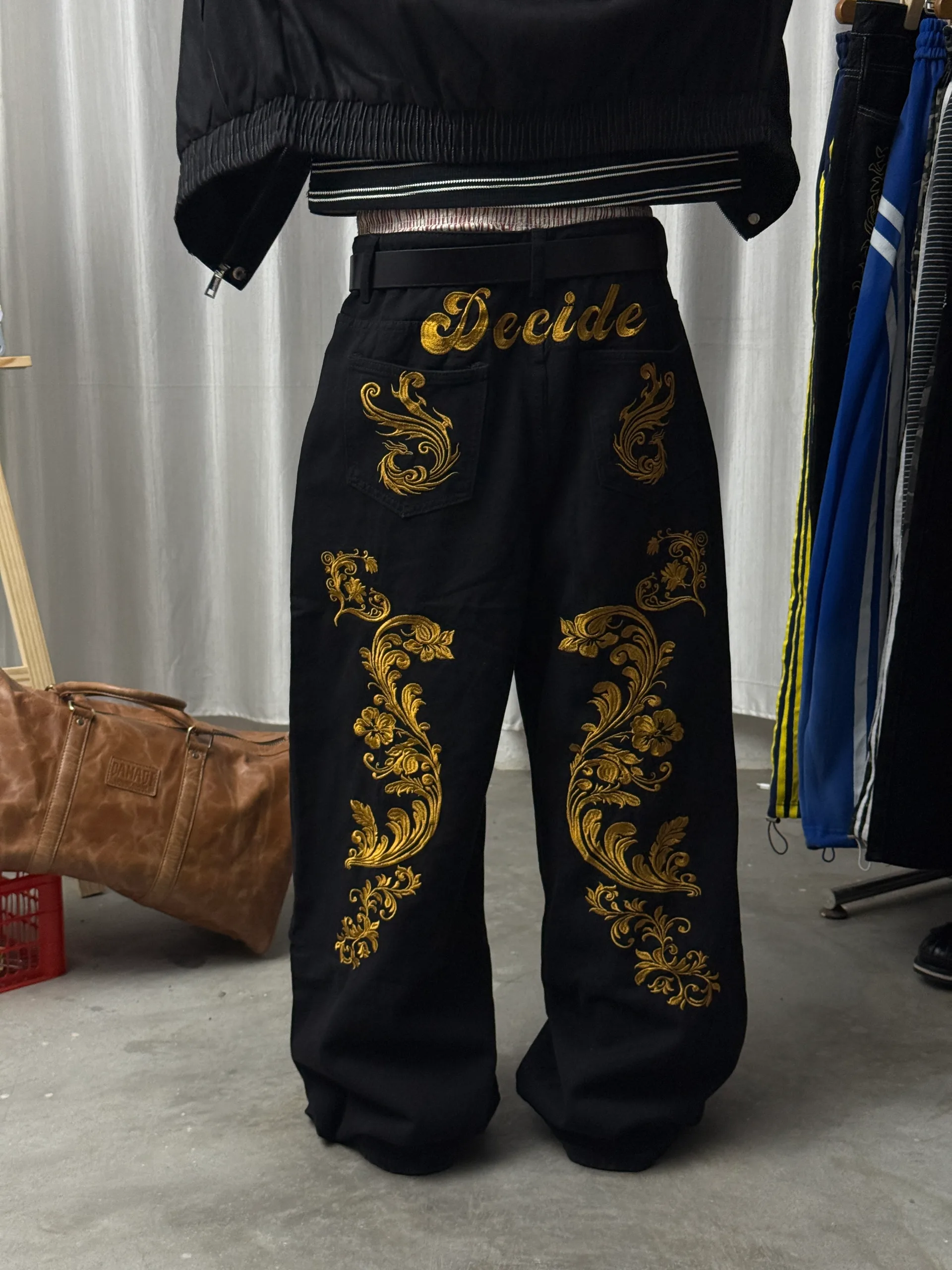 Heavy Golden Embroidered Wide Leg Baggy Jeans
