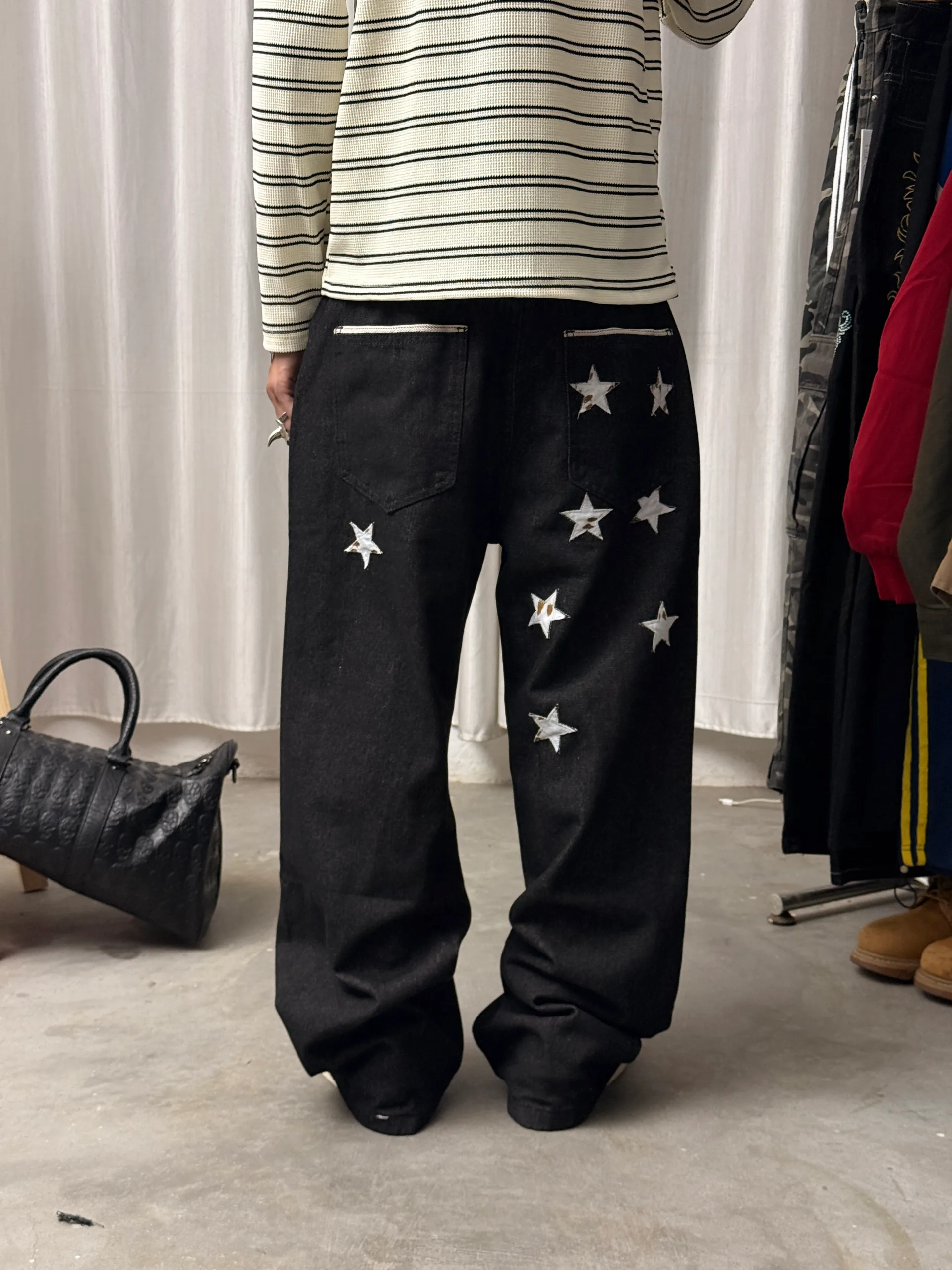 Star Patch Wide Leg Baggy Raw Denim