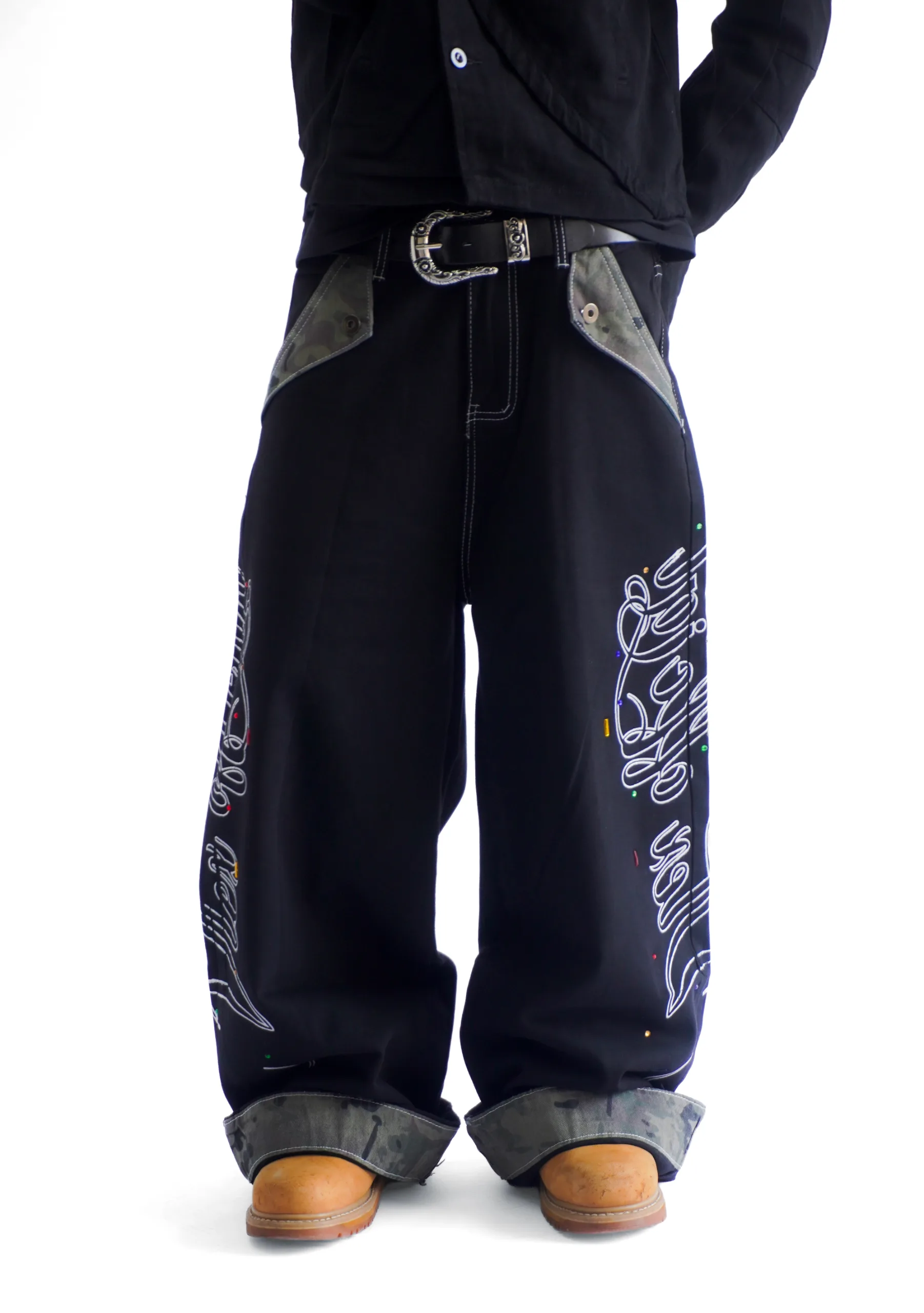 Black Denim with Camo Details