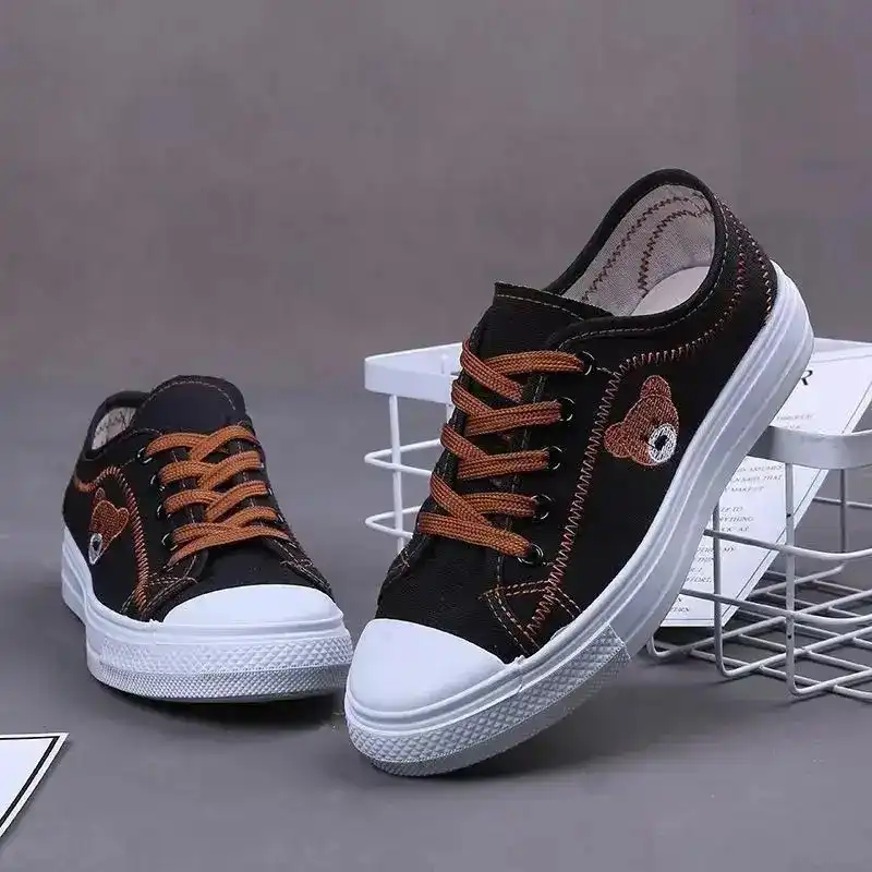 Product image of Trendy Bear Embroidered Black Platform Sneakers for Women in Nepal