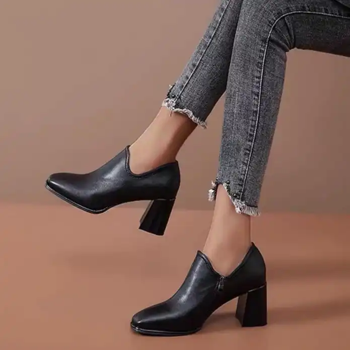 Product image of Shoes for Female Solid Color Leather Shoes Side Zipper Chunky High Heel Boots