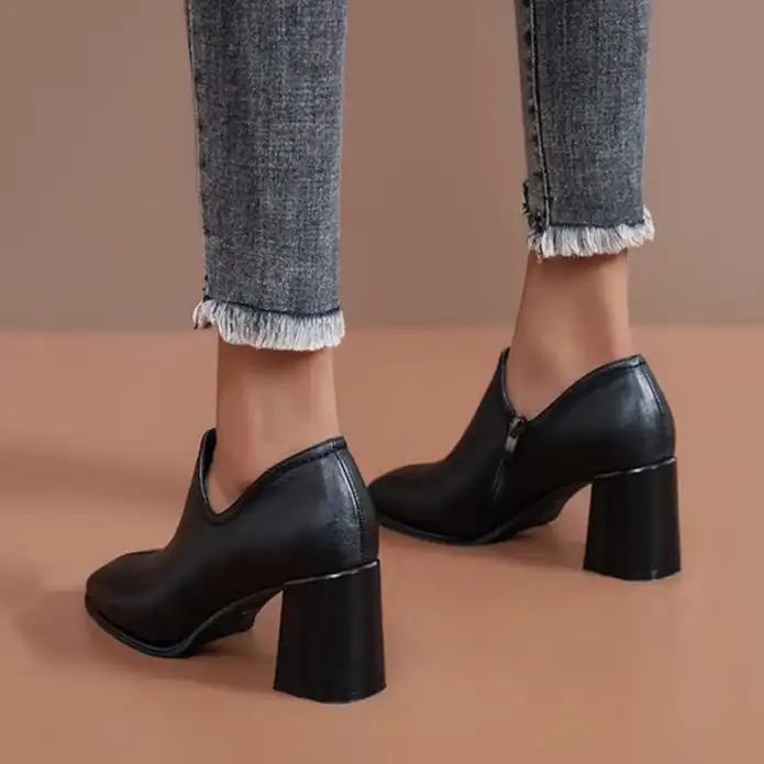 Product image of Shoes for Female Solid Color Leather Shoes Side Zipper Chunky High Heel Boots