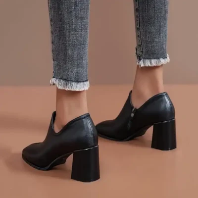 Shoes for Female Solid Color Leather Shoes Side Zipper Chunky High Heel Boots