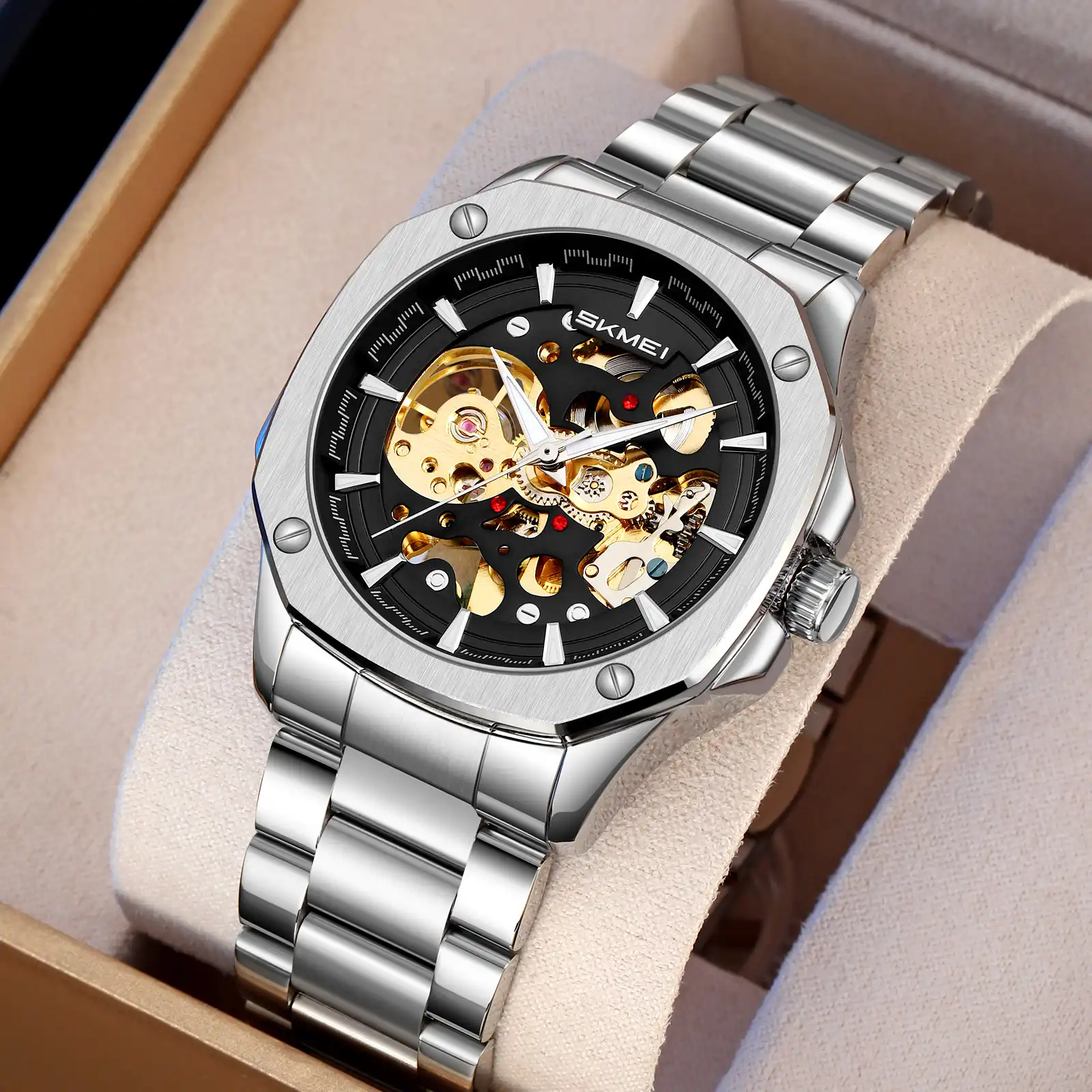 Product image of SKMEI 9378 Skeleton Automatic Mechanical Watch for Men - Luxury Silver Stainless Steel, Hollow-Out Design, 30M Waterproof