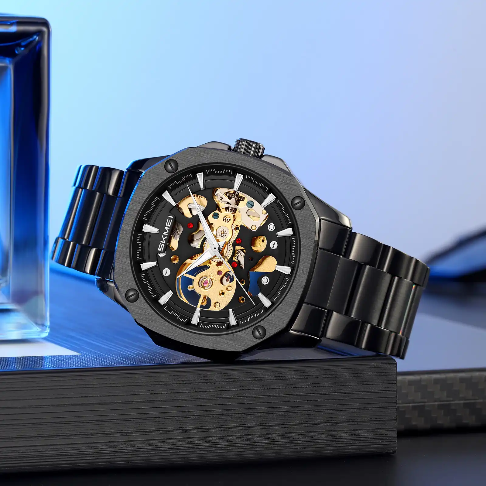 Product image of SKMEI 9378 Skeleton Automatic Mechanical Watch for Men - Luxury Silver Stainless Steel, Hollow-Out Design, 30M Waterproof