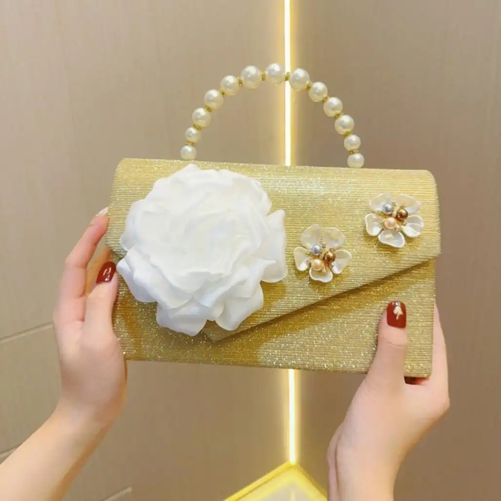 Product image of Elegant Gold Shimmer Bridal Clutch with White  Rose Decorate & Pearl Handle l FSC-00109