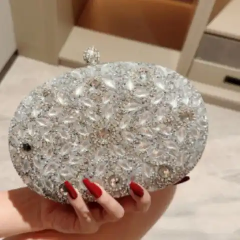 Product image of Luxury Silver Crystal Embellished Oval Evening Clutch Bag for Women FSC-00110