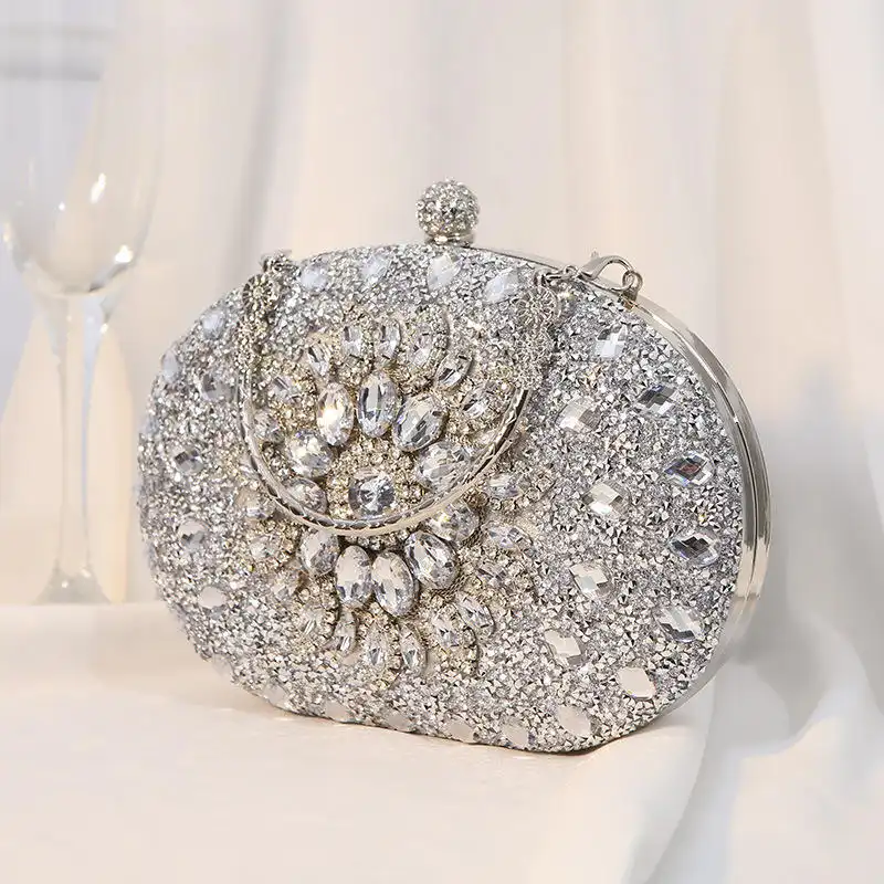 Product image of Luxury Silver Crystal Embellished Oval Evening Clutch Bag for Women FSC-00110