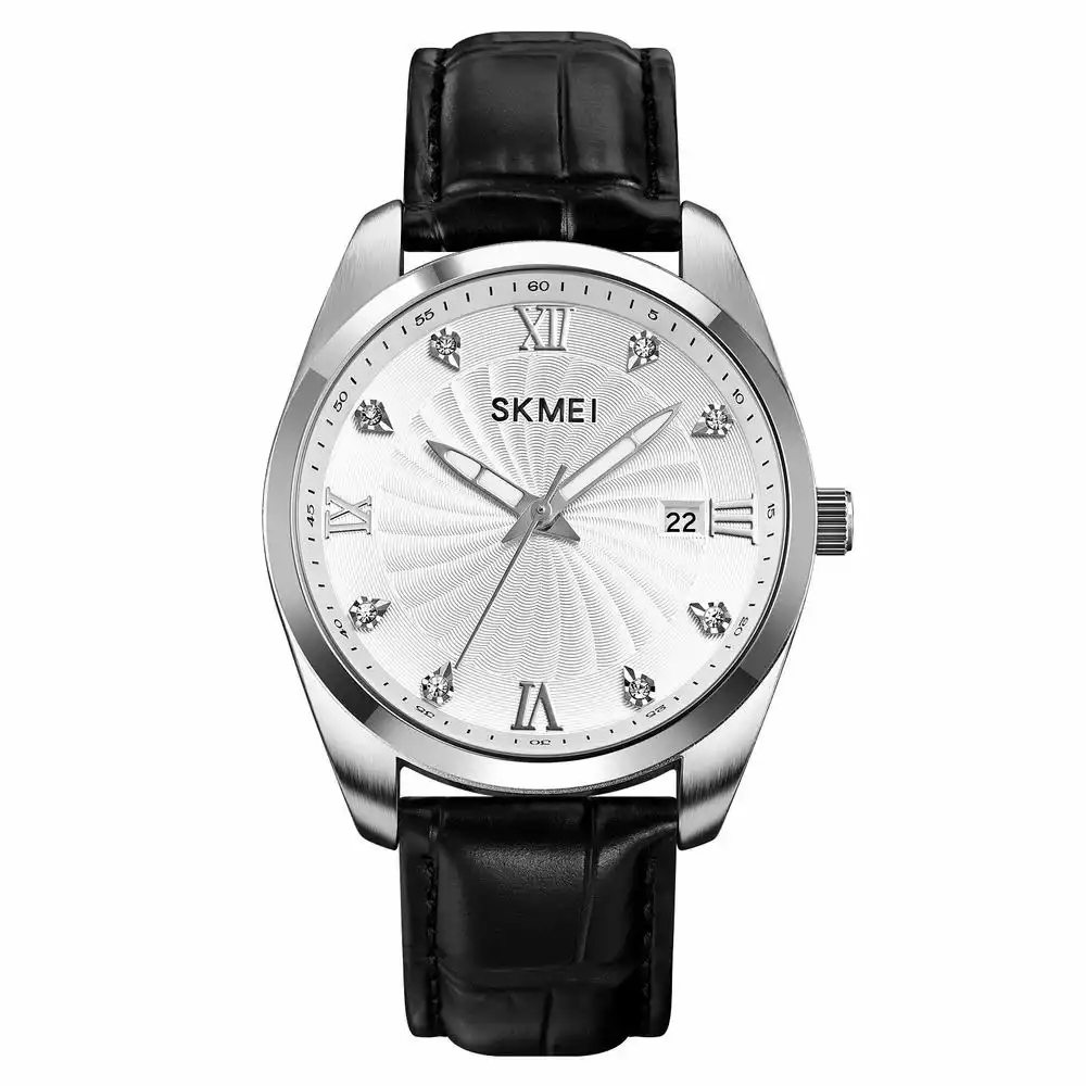 Product image of SKMEI 2061 analog quartz watch with a white&Gold  dial and black leather strap