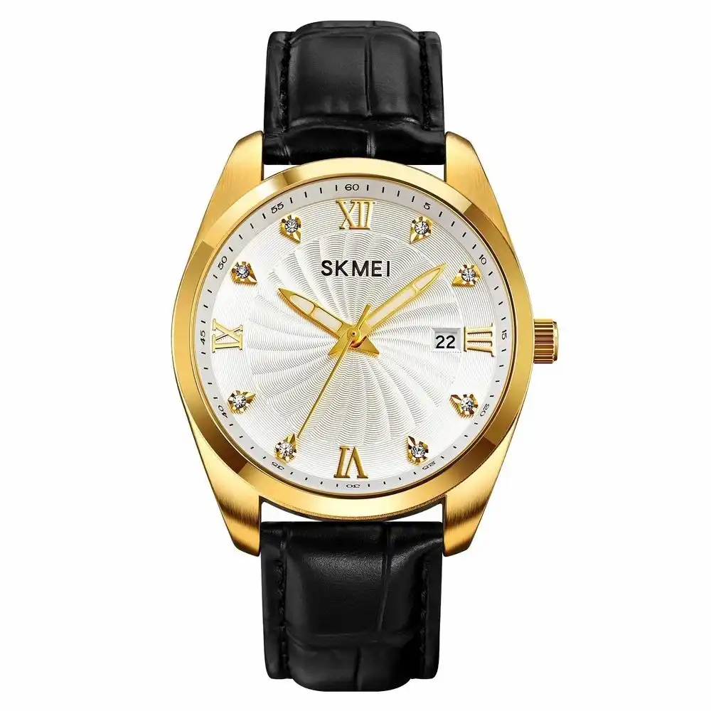 Product image of SKMEI 2061 analog quartz watch with a white&Gold  dial and black leather strap
