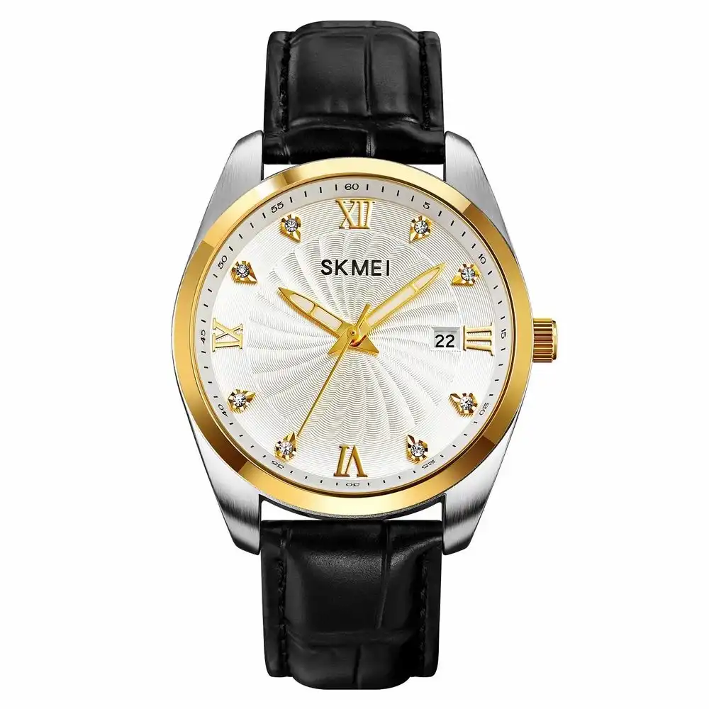 Product image of SKMEI 2061 analog quartz watch with a white&Gold  dial and black leather strap