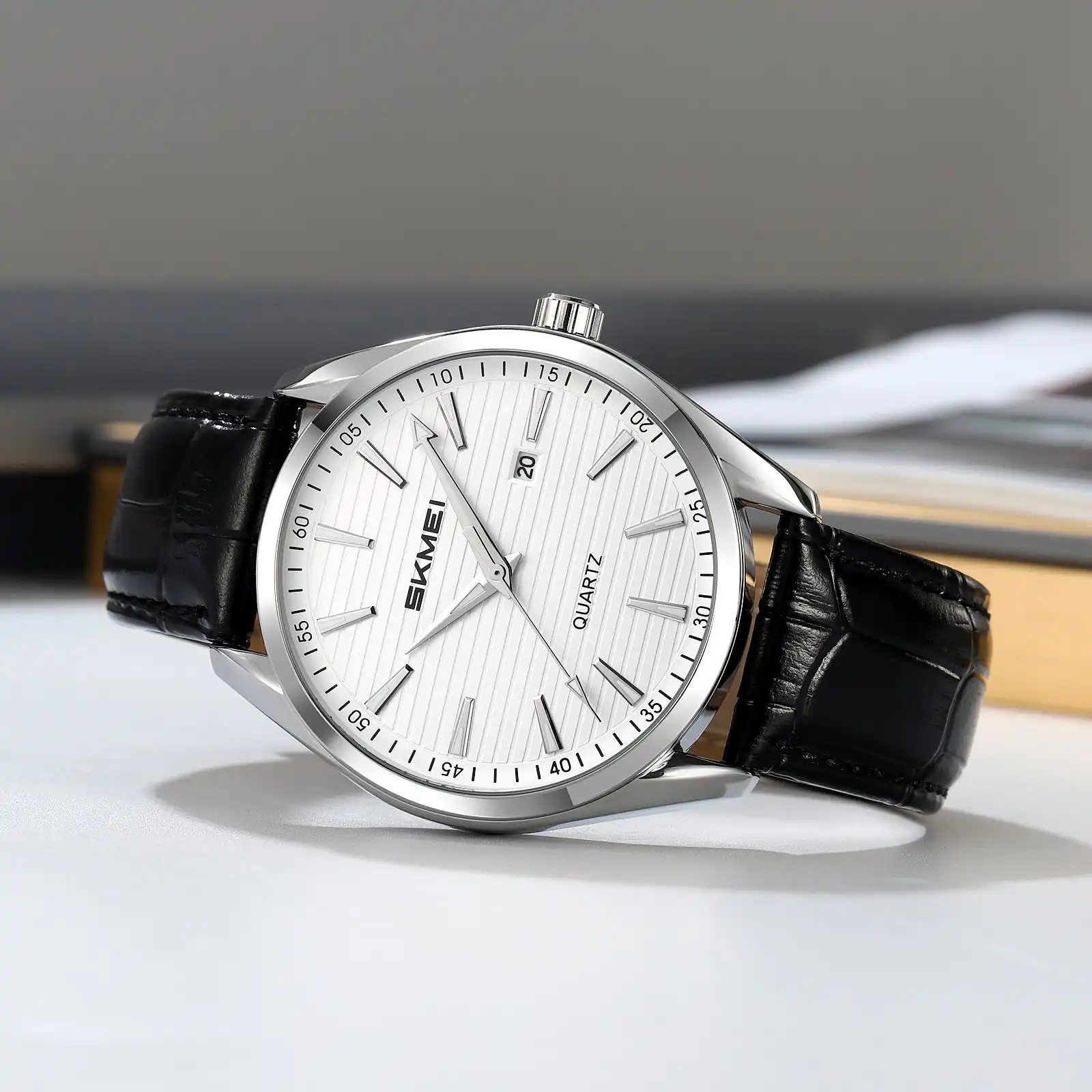 Product image of SKMEI 2490 men's quartz watch with a  Black leather strap.