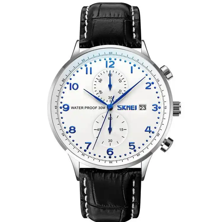 Product image of SKMEI 9301 men's quartz chronograph watch with a white&Black dial and a black leather strap