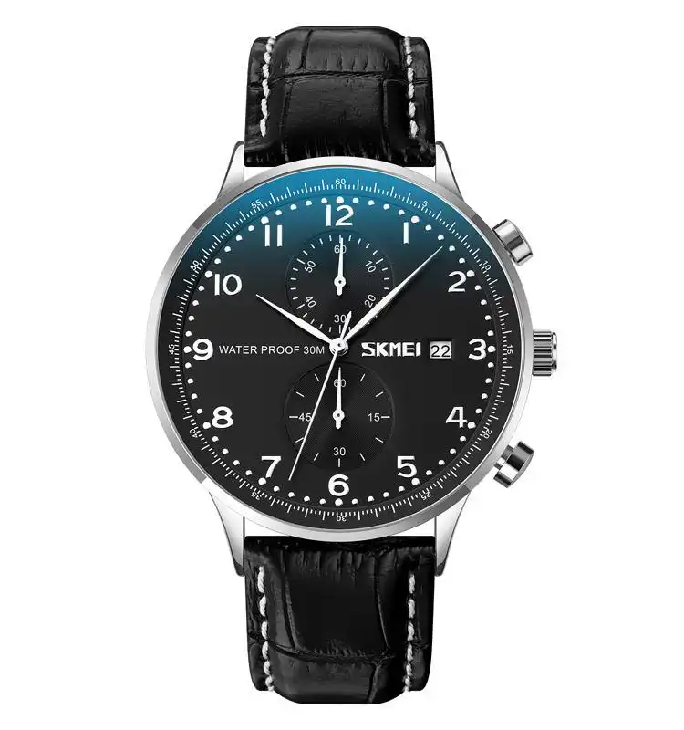 Product image of SKMEI 9301 men's quartz chronograph watch with a white&Black dial and a black leather strap