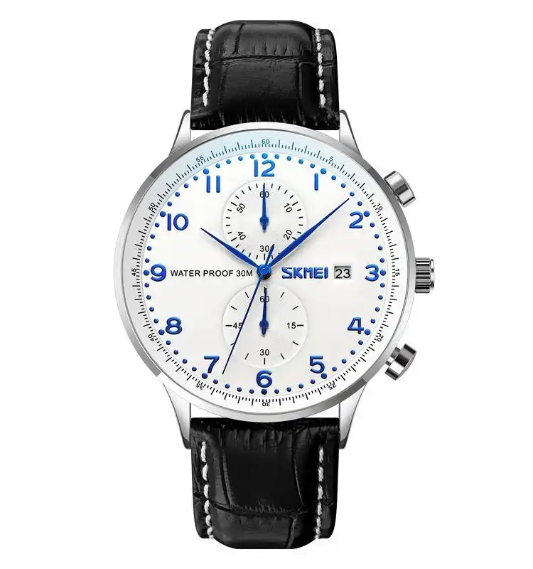 Product image of SKMEI 9301 men's quartz chronograph watch with a white&Black dial and a black leather strap