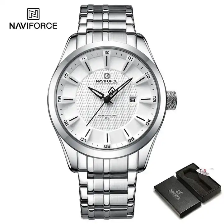 Product image of Naviforce NF8032 men's analog quartz watch with a  stainless steel strap.