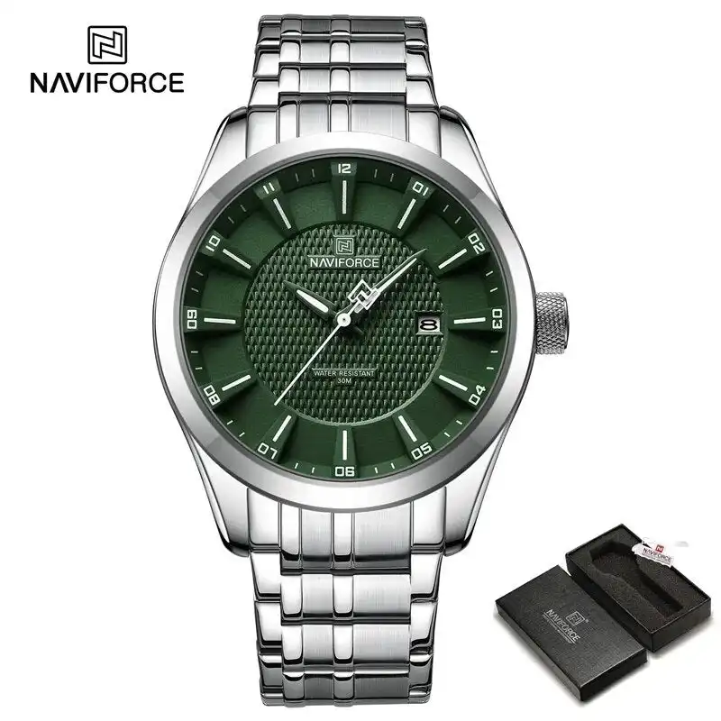 Product image of Naviforce NF8032 men's analog quartz watch with a  stainless steel strap.