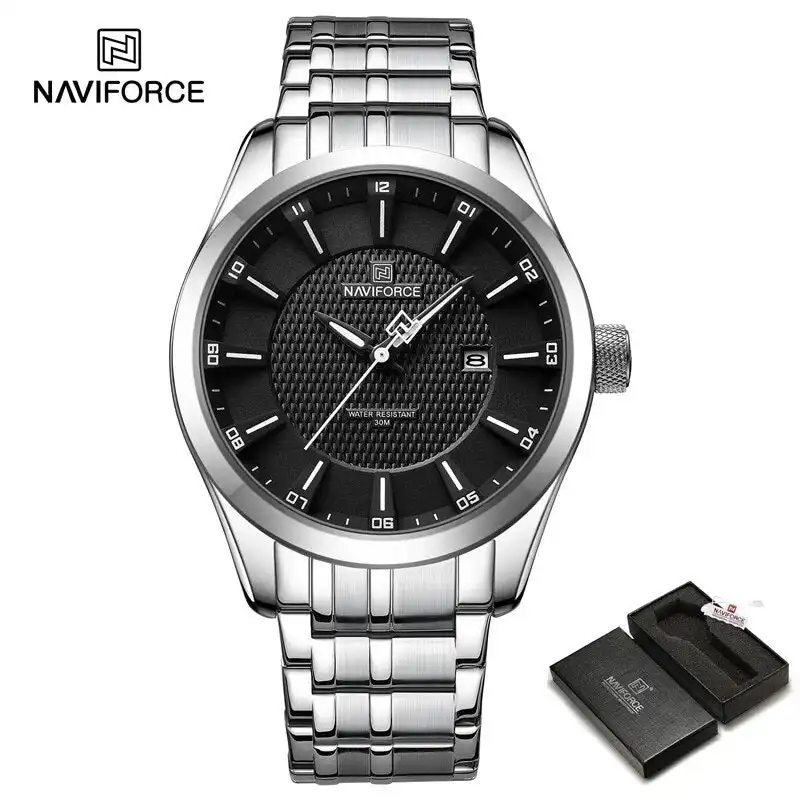 Product image of Naviforce NF8032 men's analog quartz watch with a  stainless steel strap.