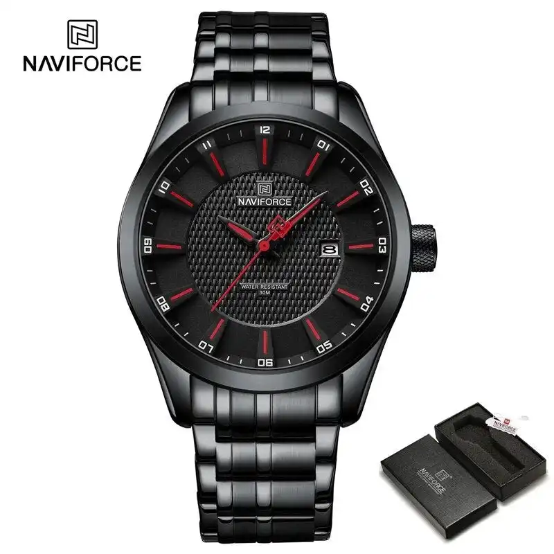 Product image of Naviforce NF8032 men's analog quartz watch with a  stainless steel strap.