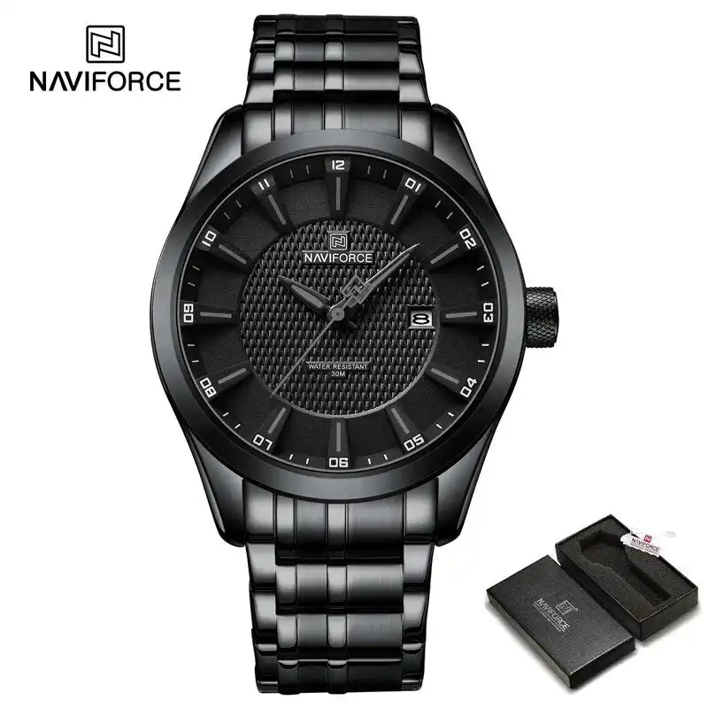 Product image of Naviforce NF8032 men's analog quartz watch with a  stainless steel strap.