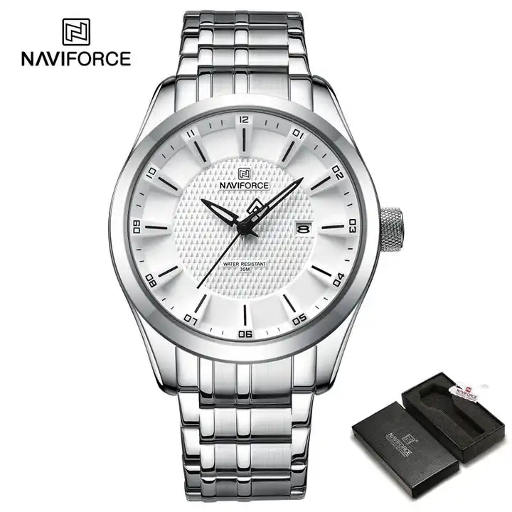 Product image of Naviforce NF8032 men's analog quartz watch with a  stainless steel strap.