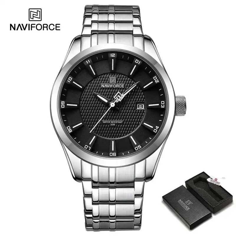 Product image of Naviforce NF8032 men's analog quartz watch with a  stainless steel strap.