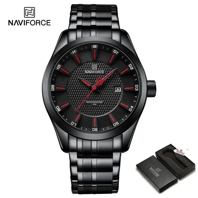 Product image of Naviforce NF8032 men's analog quartz watch with a  stainless steel strap.
