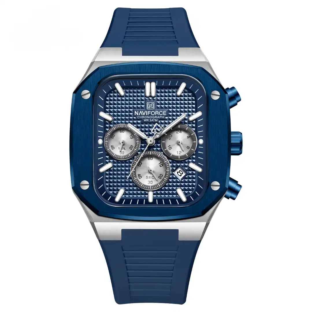 Product image of Naviforce NF8037 men's quartz chronograph watch with a silicone strap and tone case.