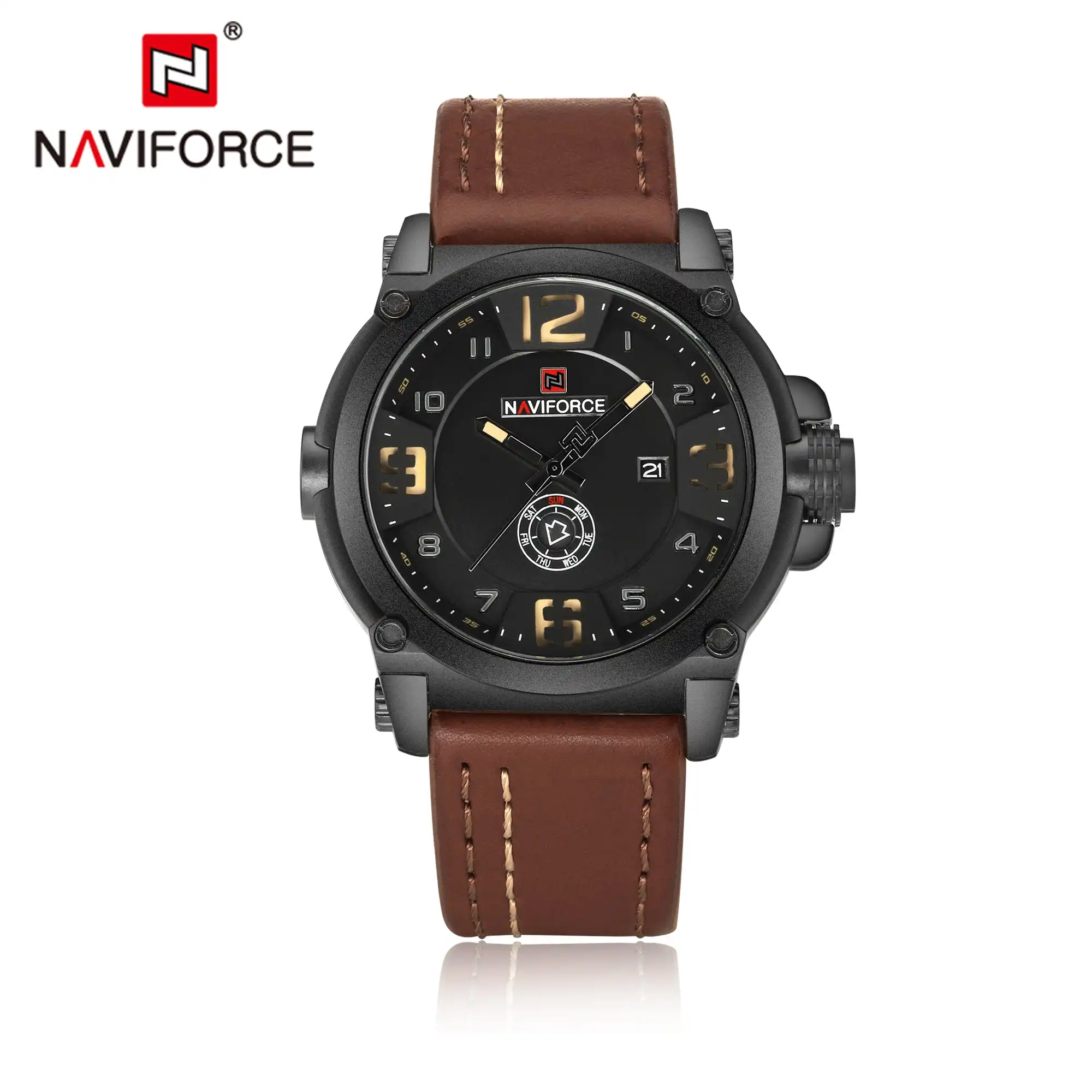 Product image of Naviforce NF9099 men's analog quartz watch with a leather strap.