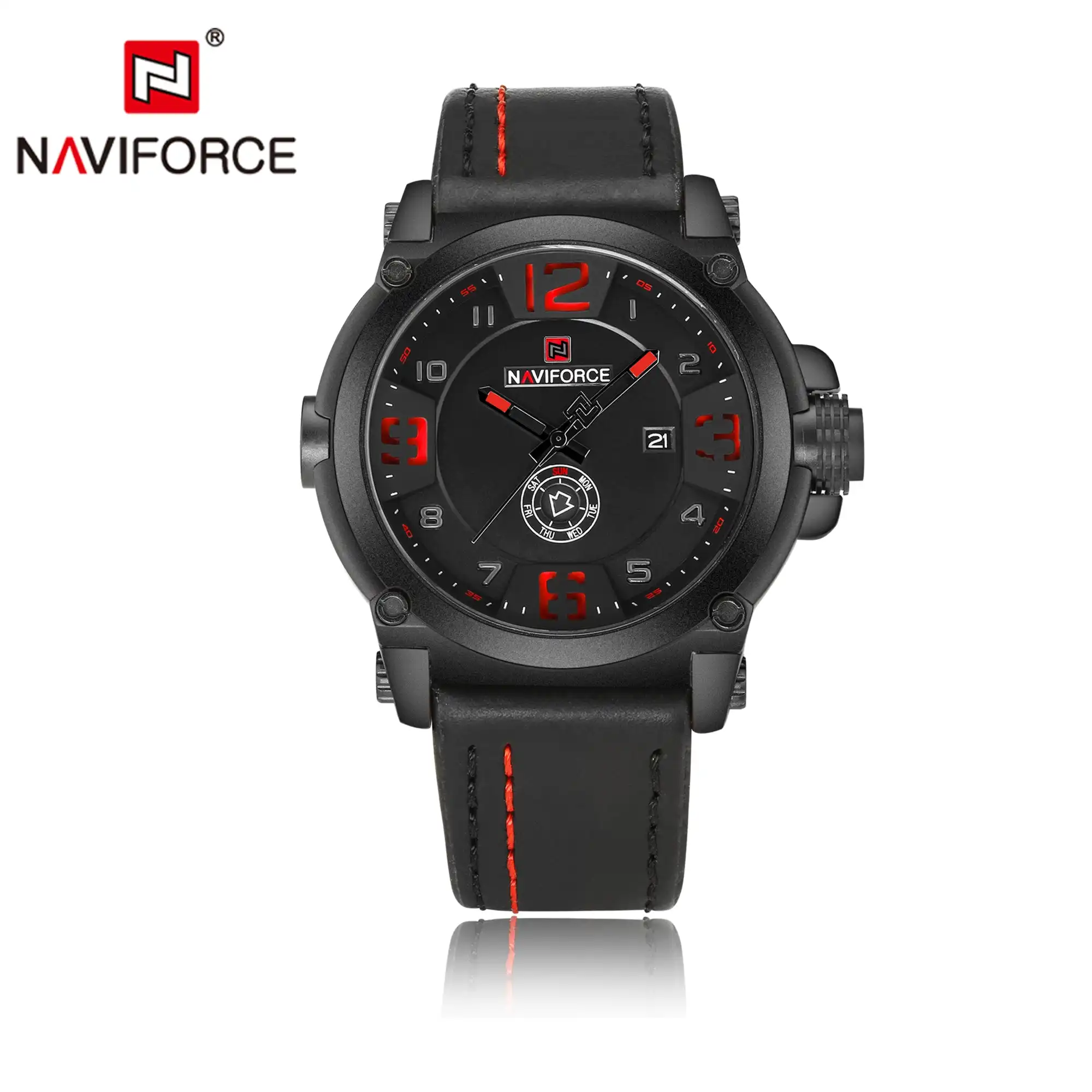 Product image of Naviforce NF9099 men's analog quartz watch with a leather strap.