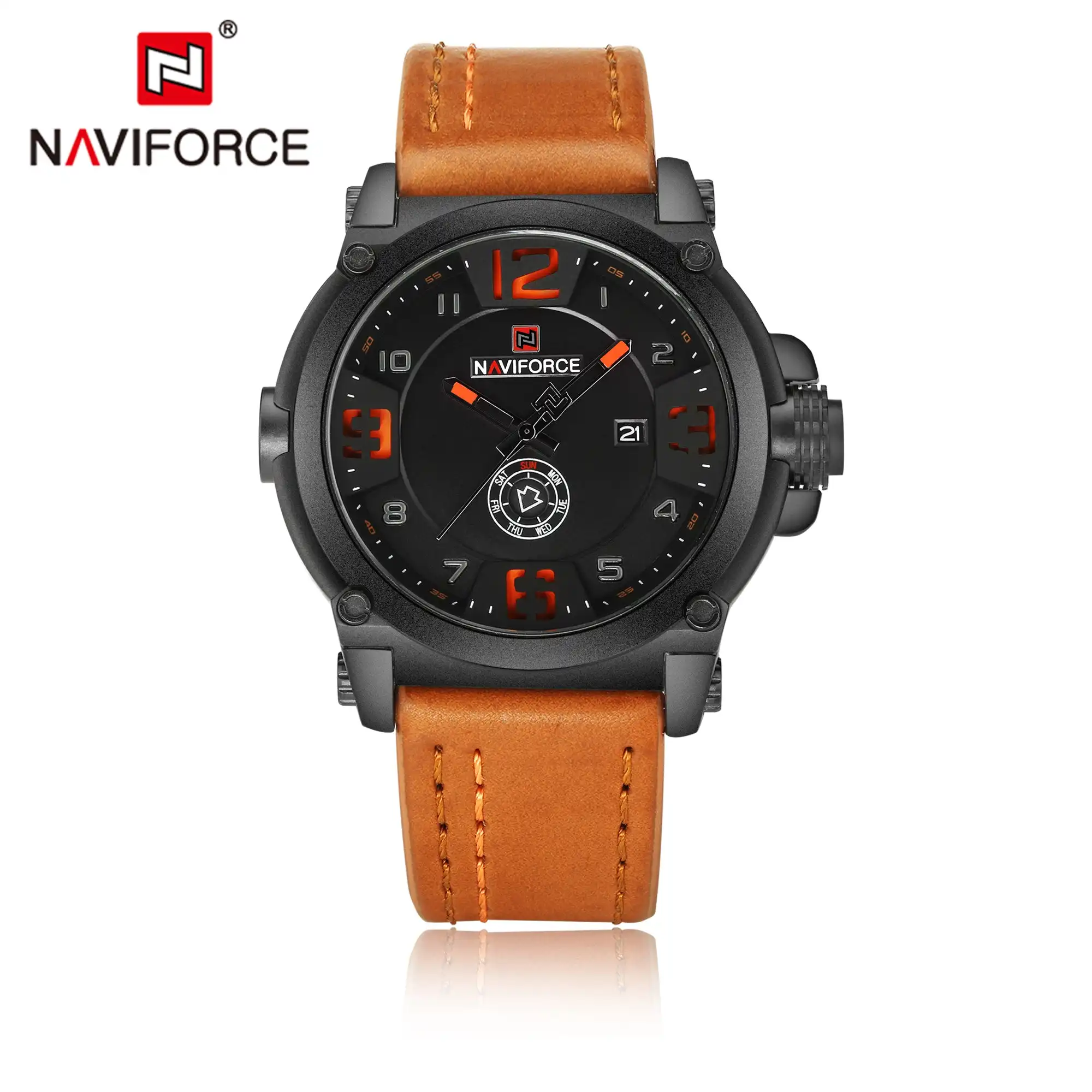 Product image of Naviforce NF9099 men's analog quartz watch with a leather strap.