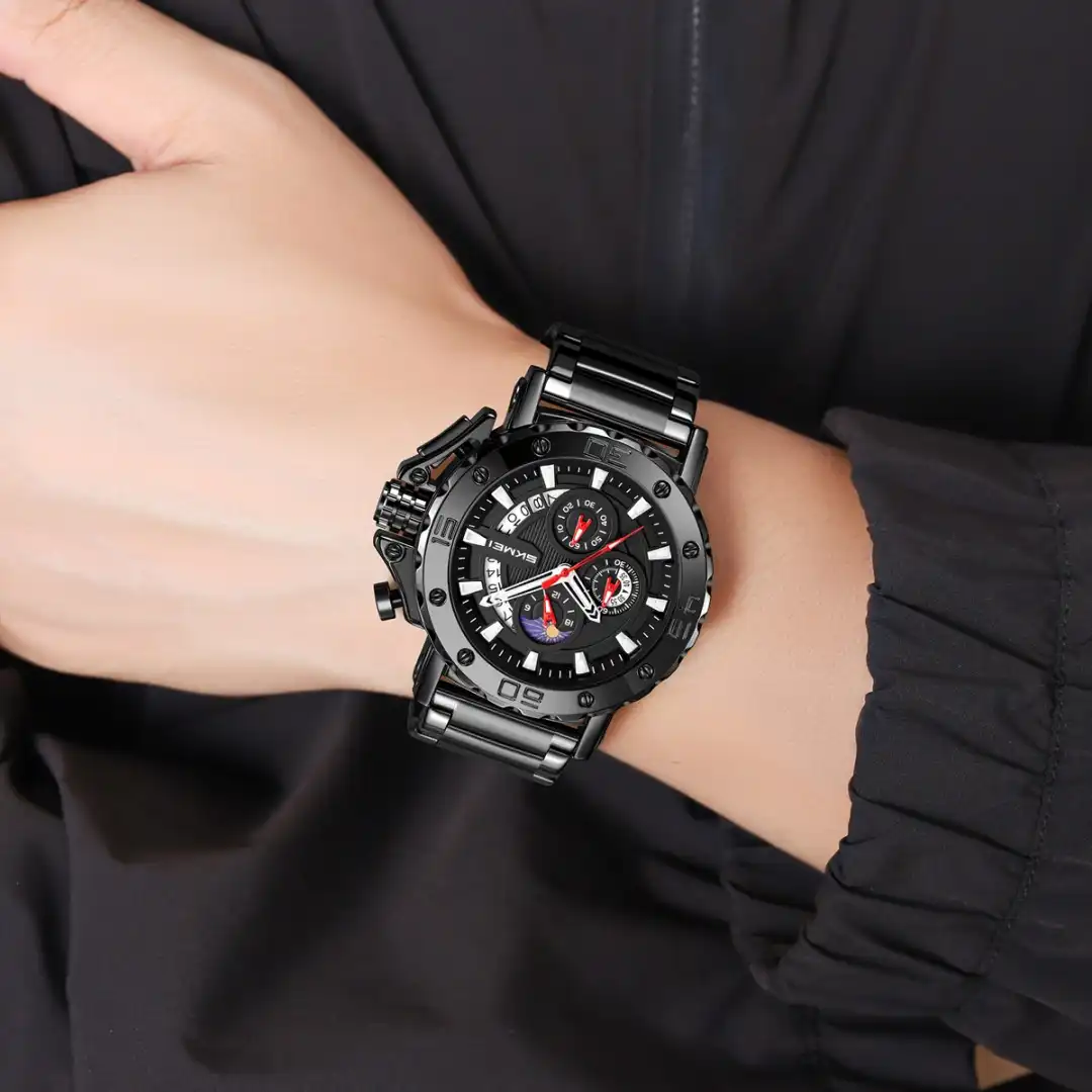 Product image of SKMEI 9344 Men's Luxury Stainless Steel Chronograph Watch with Moonphase Dial | Waterproof Quartz Wristwatch
