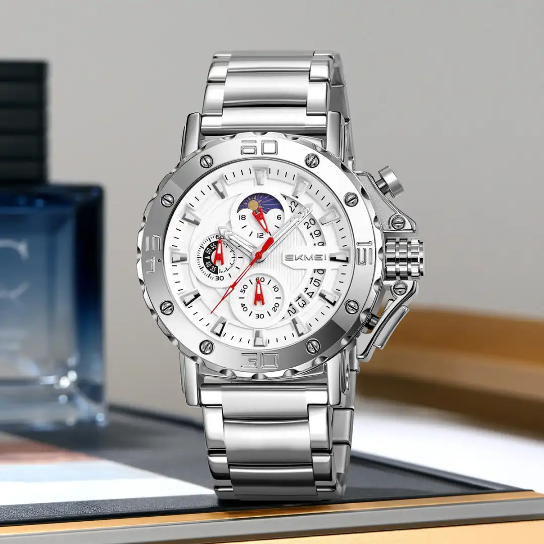 Product image of SKMEI 9344 Men's Luxury Stainless Steel Chronograph Watch with Moonphase Dial | Waterproof Quartz Wristwatch