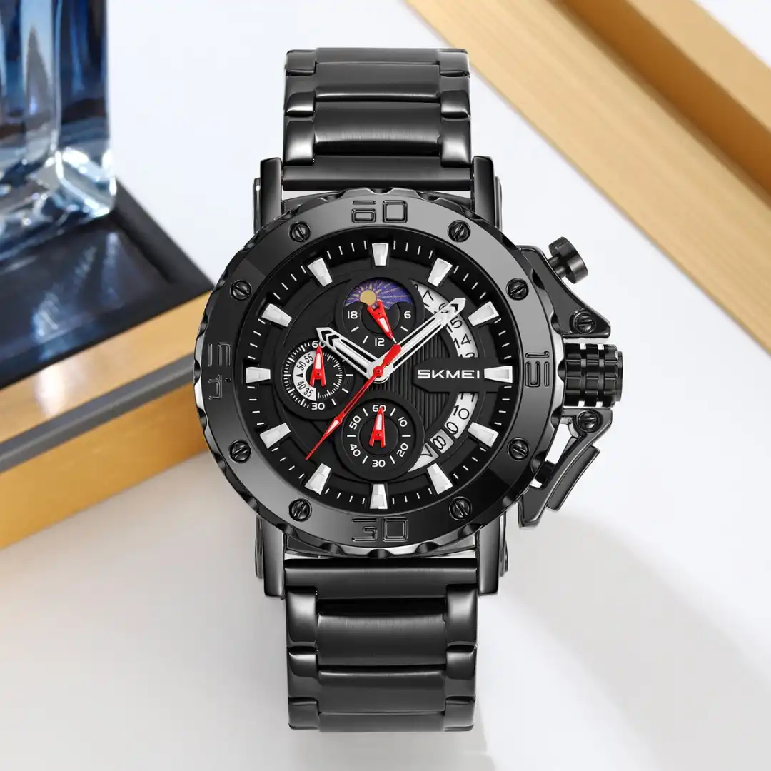 Product image of SKMEI 9344 Men's Luxury Stainless Steel Chronograph Watch with Moonphase Dial | Waterproof Quartz Wristwatch