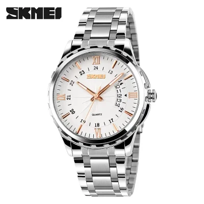 SKMEI 9069 Men’s Luxury Business Quartz Watch with Stainless Steel Strap, Roman Numeral Dial & Date Display