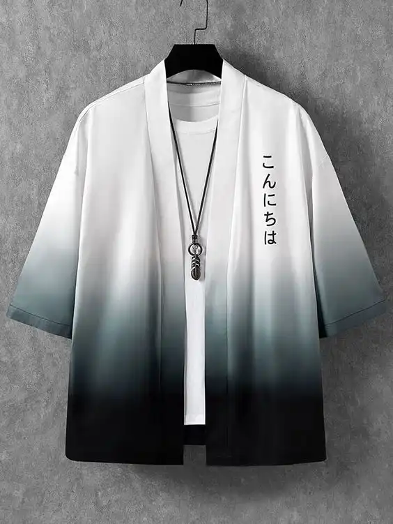 Product image of Manfinity Hypemode Men Ombre Japanese Letter Graphic Drop Shoulder Kimono Without Tee