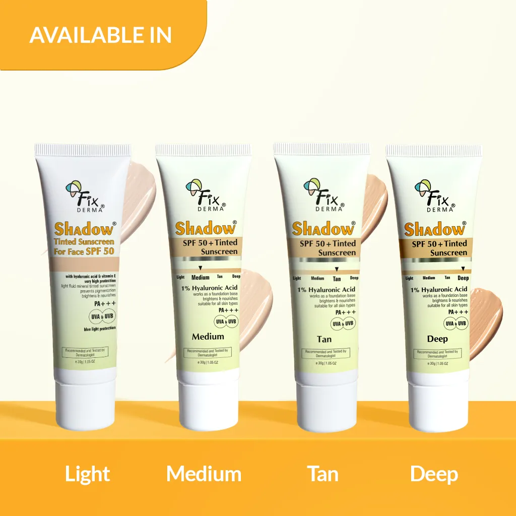 Product image of Fixderma Shadow SPF 50+ Tinted Sunscreen | 1% Hyaluronic Acid sunscreen, available in four flexible shades