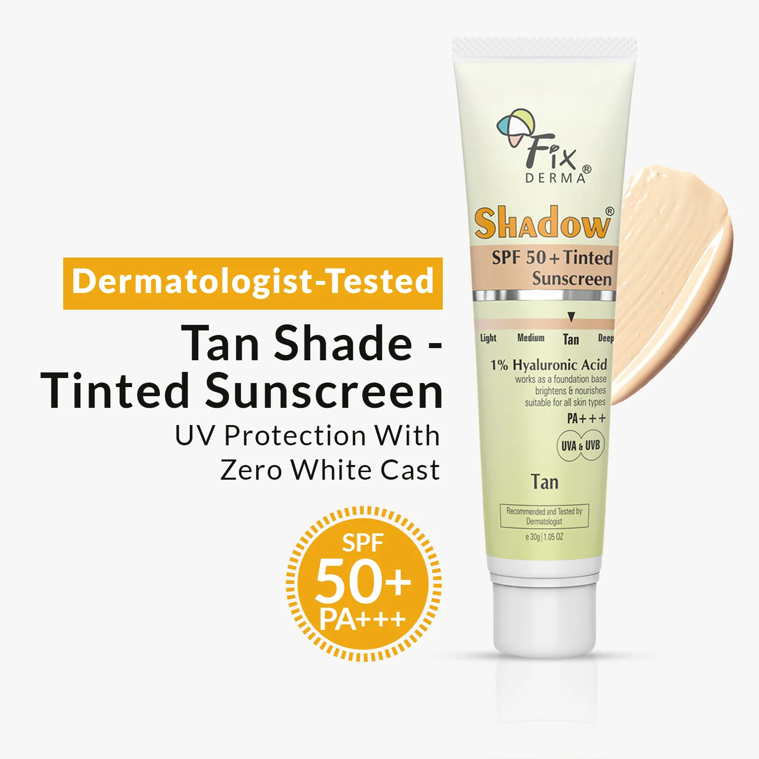 Product image of Fixderma Shadow SPF 50+ Tinted Sunscreen | 1% Hyaluronic Acid sunscreen, available in four flexible shades