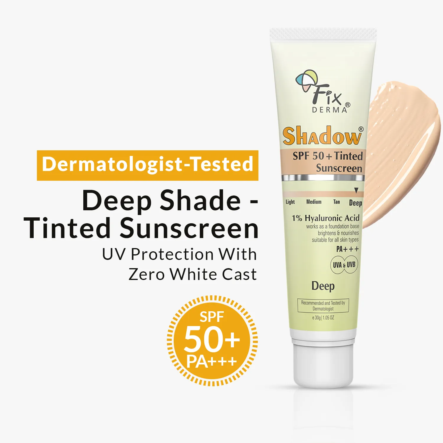 Product image of Fixderma Shadow SPF 50+ Tinted Sunscreen | 1% Hyaluronic Acid sunscreen, available in four flexible shades
