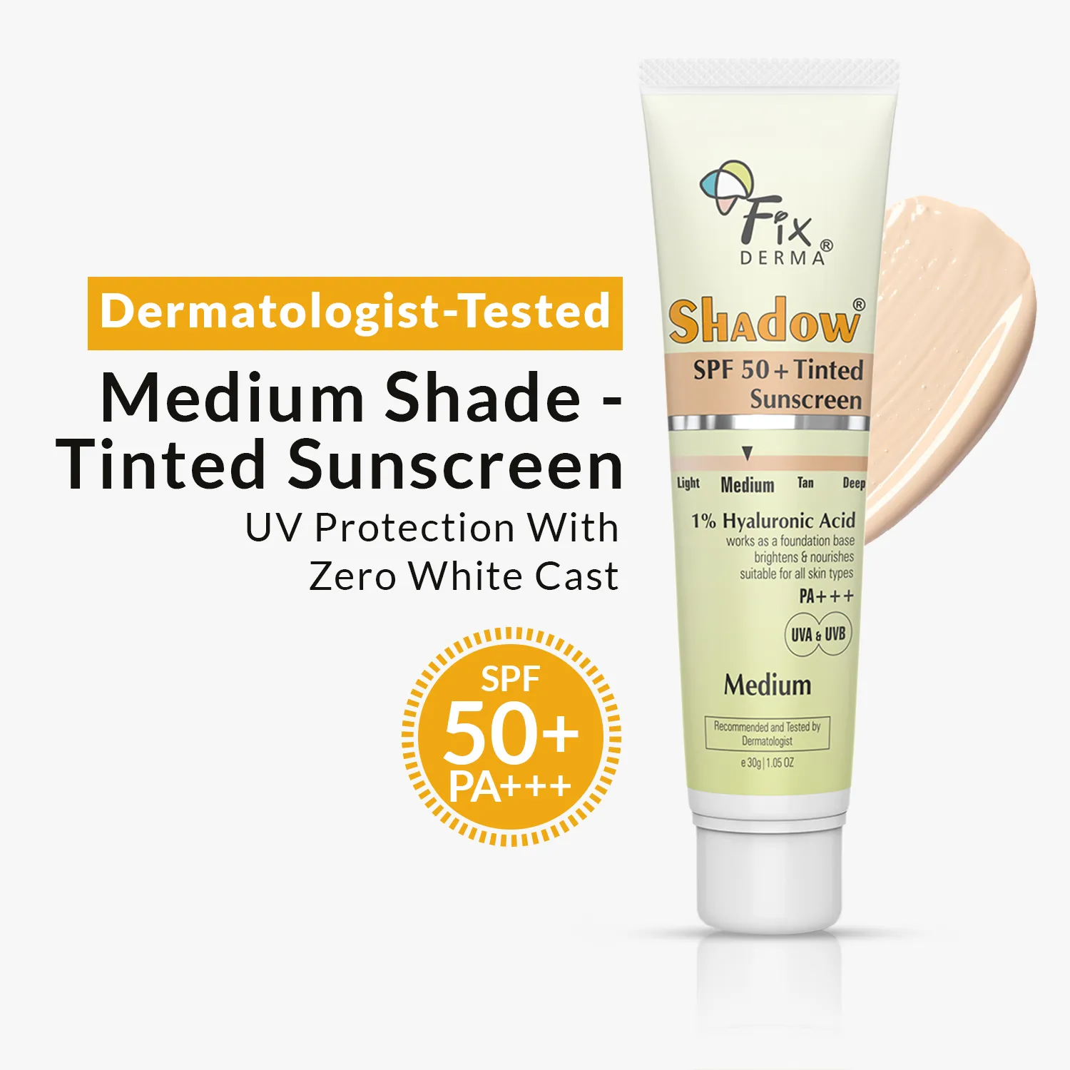 Product image of Fixderma Shadow SPF 50+ Tinted Sunscreen | 1% Hyaluronic Acid sunscreen, available in four flexible shades