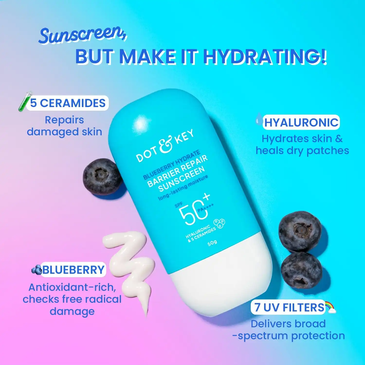 Product image of Dot & Key Blueberry Hydrate Barrier Repair Sunscreen In-Vivo Tested SPF 50+ PA++++ | With Ceramides & Hyaluronic, Hydrates & Protects Skin | Repairs Damaged Skin, Lightweight, Non-Sticky, Non-Greasy | 80g