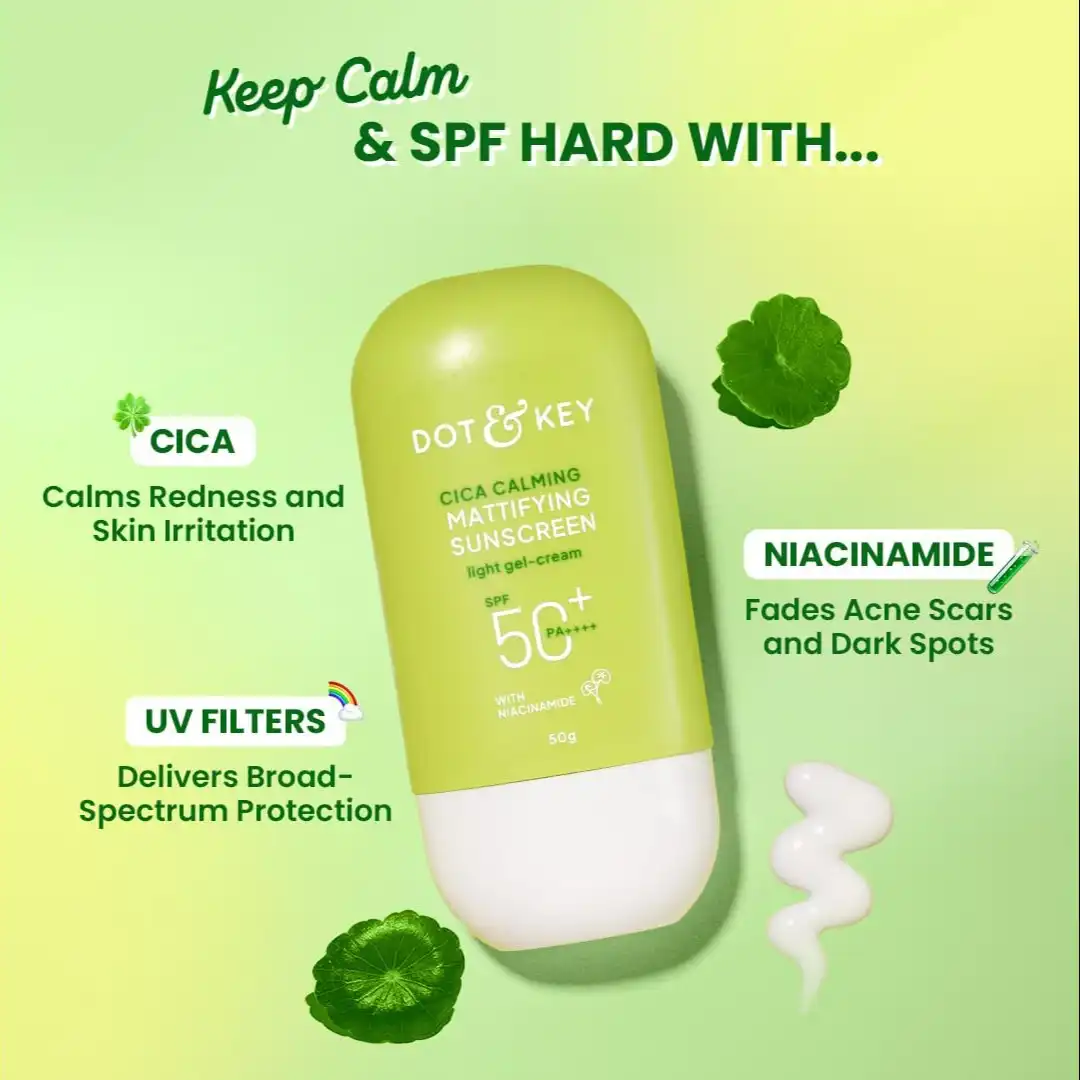 Product image of Dot & Key CICA Calming Mattifying Sunscreen SPF 50 PA++++ In-Vivo Tested | For Oily Acne Prone & Sensitive Skin | UVA/UVB Protection | No White Cast, Ultra Light, Fragrance Free & Quick Absorbing | 80g